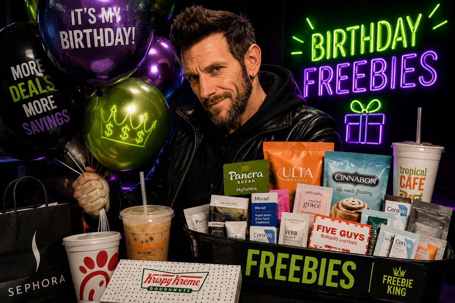 Ty The Coupon Guy holding birthday balloons next to a table of free birthday products from Sephora, Chick-fil-A, Dunkin', Krispy Kreme, Panera, Ulta, Cinnabon, Five Guys and more
