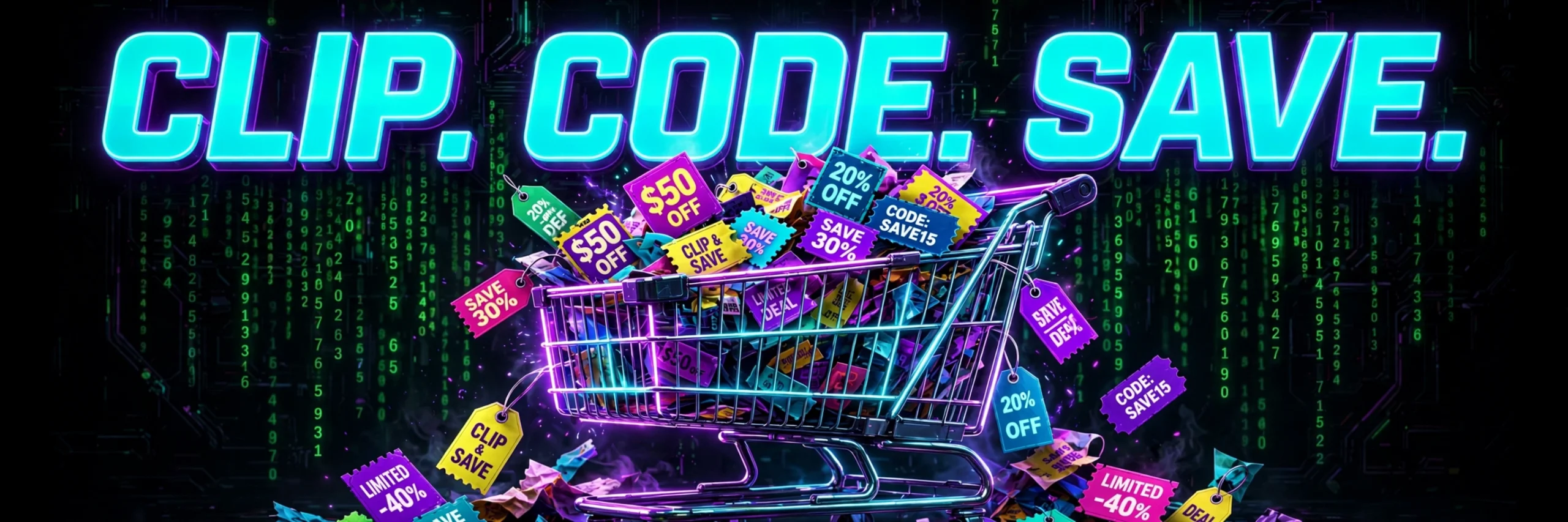 neon shopping cart with glowing price tags falling like digital rain